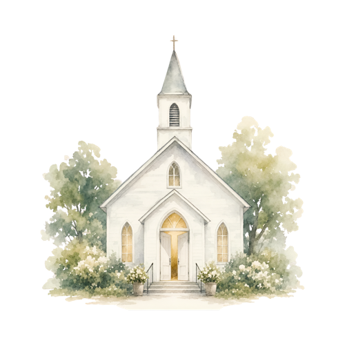 Watercolor illustration of a white church chapel surrounded by trees